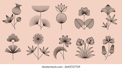 Linear boho flowers. Floral line art, bohemian style blooming plants with geometric flower and leaves. Abstract botanical isolated vector illustrations set with editable stroke path.