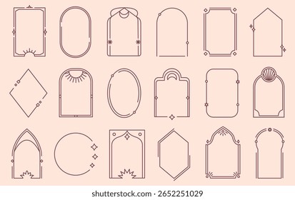 Quadros boho lineares. Bordas geométricas minimalistas da arte da linha em formas retangulares, ovais, arqueadas e em losango. Bordas elegantes elementos decorativos formas vetoriais definidas com traçado editável.