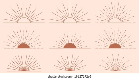 Linear boho style sun icon symbol set. Vector design elements for social media, company logotype, fashion industry