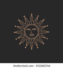 Linear boho sun with face concept, gold simple icon line in bohemian style on black background, modern trendy hand drawn vector witch symbol and mystic design element, doodle flat minimalist shapes