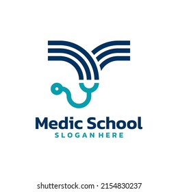 Vector de logotipo de libro lineal y estetoscopio. Concepto del logotipo de la educación médica y de enfermería.