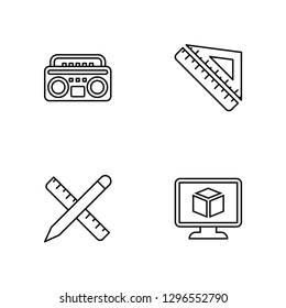 Linear Boombox, De, Ruler, Monitor Vector Illustration Of 4 outline Icons. Editable Pack Of Boombox, De, Ruler, Monitor