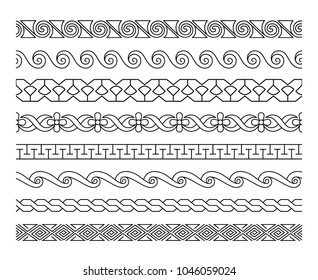 Linear border patterns. Vector ornament lacework borders texture template set for line decorative seamless ornaments