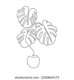 Ilustración botánica lineal. Línea continua de la planta de la casa monstera en el vector de la olla. Dibujo de esquema. Icono dibujado a mano. Deja la silueta. Diseño mínimo, impresión, banner, tarjeta, cartel artístico mural, logotipo.