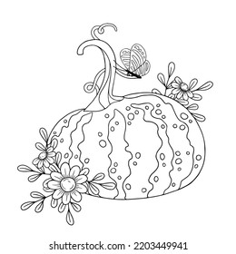 Linear botanical sketch of a pumpkin with flowers, autumn leaves and butterflies. Atmospheric autumn antistress coloring book. Isolated vector graphic.