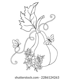 Linear botanical sketch of a pumpkin with flowers, autumn leaves and butterflies. Atmospheric autumn antistress coloring book. Isolated vector graphic.	