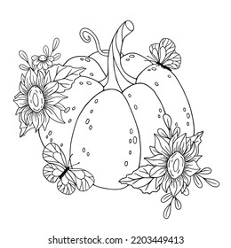 Linear botanical sketch of pumpkin with sunflower flowers and butterflies.Atmospheric autumn antistress coloring book.Isolated vector graphic.