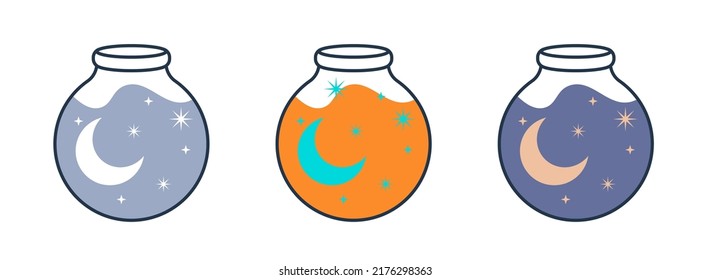 A linear bottle with a magic potion, a magic illustration, a liquid for celebrating Halloween, ingredients. Vector set of glass jars in linear style