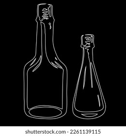 Lineare Flaschen auf schwarzem Hintergrund, Glasflaschen. Behälter für alkoholische Getränke, Wein, Wodka, Cognac. Einfache, ungleichmäßige Handskizze, Vektorgrafik für das Restaurant, Bar-Menü.