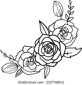 Linear bouquet with rose flowers and leaves. This art is perfect for invitation cards, spring and summer decor, greeting cards, posters, scrapbooking, print, etc.