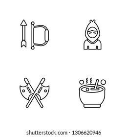 Linear Bow and arrow, Axe, Little  riding hood, Cauldron Vector Illustration Of 4 outline Icons. Editable Pack Of Bow and arrow, Axe, Little  riding hood, Cauldron