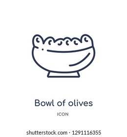 Linear bowl of olives icon from Bistro and restaurant outline collection. Thin line bowl of olives vector isolated on white background. bowl of olives trendy illustration