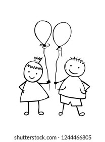 Linear boy and girl with balloons. Little people in the children's style. Vector couple
