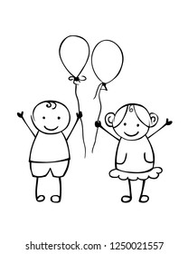 Linear boy and girl with balloons. Little people in the children's style. Vector couple
