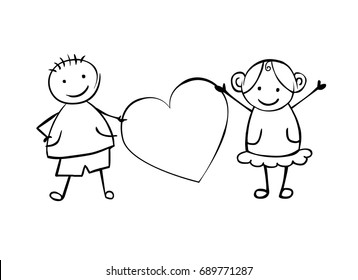 Linear boy and girl (or man and woman) with heart. Little people in the children's style. Vector couple