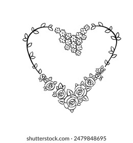 Linear Branch in the shape of a heart with flowers, ekibana. Sketch outline vector illustration