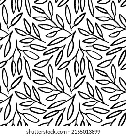 Linear branches with leaves seamless pattern. Hand drawn vector botanical ornament. Delicate subtle botanical background. Black and white leaf elements. Floral stylish graphic background.