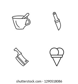 Linear Breakfast Cup, Big Knife, Butcher Knife, Two Balls Ice cream Cone Vector Illustration Of 4 outline Icons. Editable Pack Of Breakfast Cup, Big Knife, Butcher Knife, Two Balls Ice cream Cone
