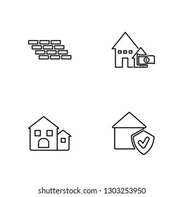 Linear Brick wall, Real estate, Deposit, Guarantee Vector Illustration Of 4 outline Icons. Editable Pack Of Brick wall, Real estate, Deposit, Guarantee