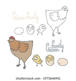 linear and brown chicken with chickens and egg for logo, notebook cover, sticker, cartoon, print