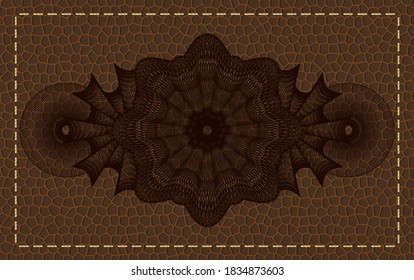 Linear brown leather realistic badge. Wallet fancy background. Intense illustration. 