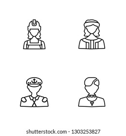 Linear Builder, Captain, Soccer player, Priest Vector Illustration Of 4 outline Icons. Editable Pack Of Builder, Captain, Soccer player, Priest