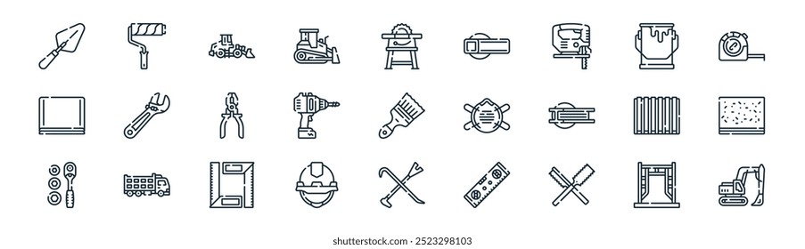 linear building construction icon pack. vector thin line scaffolding, paint roller, front loader, paint can, power drill, gypsum board, pry bar, excavator icons suitable for apps and websites ui