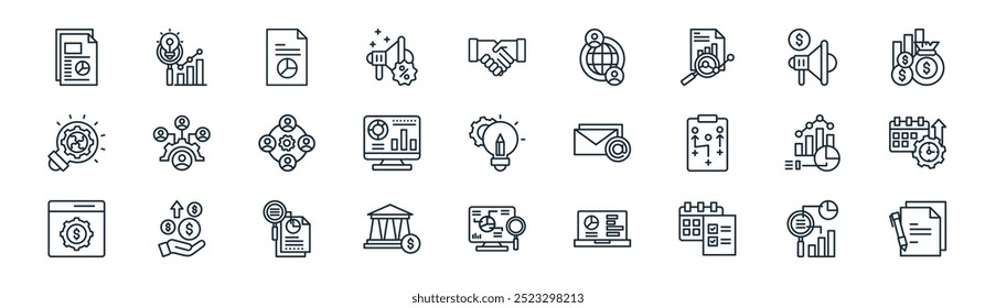 linear business analytics icon pack. vector thin line predictive chart, insight, document, megaphone, analysis, time management, data analysis, contract icons suitable for apps and websites ui