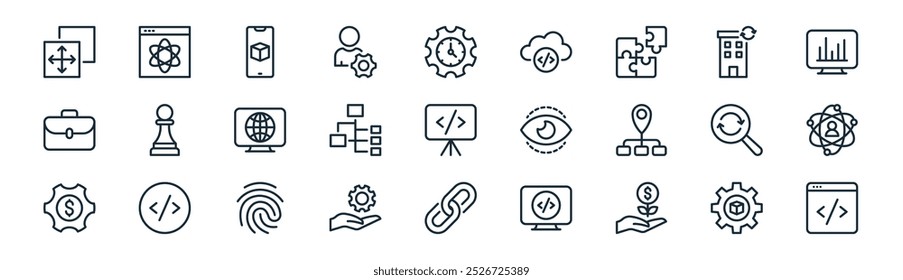 linear business development icon pack. vector thin line configuration, atom, mobile, building, hierarchy, personal development, hyperlink, coding icons suitable for apps and websites ui designs