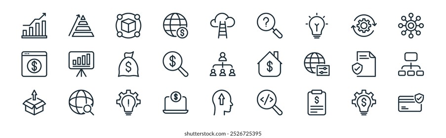 linear business development icon pack. vector thin line creative, pyramid chart, d cube, gear, search, hierarchy, arrow up, credit card icons suitable for apps and websites ui designs