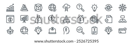 linear business development icon pack. vector thin line creative, pyramid chart, d cube, gear, search, hierarchy, arrow up, credit card icons suitable for apps and websites ui designs