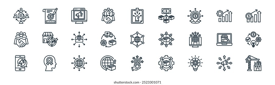 Vector de marketing de línea delgada, proyecto, marketing digital, crecimiento, gestión de la cadena de suministro, modelo de negocio, lealtad del Cliente, iconos del sitio de construcción adecuados para