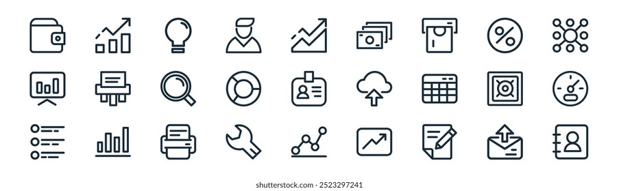 linear business icon pack. vector thin line email, growth, light bulb, discount, pie chart, performance, graph, contact icons suitable for apps and websites ui designs