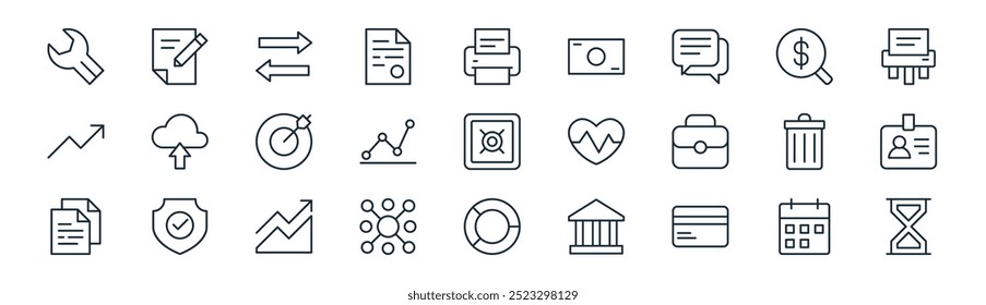 linear business icon pack. vector thin line calendar, edit, arrow, search, graphic, id card, pie chart, sandclock icons suitable for apps and websites ui designs