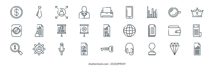 lineares Business-Icon-Paket. Vektor dünne Linie Diamant-Preis, binden, teilen, trinken, Kreis spielen, Datei Fall, Schlüsselfunktionen, Bericht Symbole für Apps und Websites ui Designs geeignet