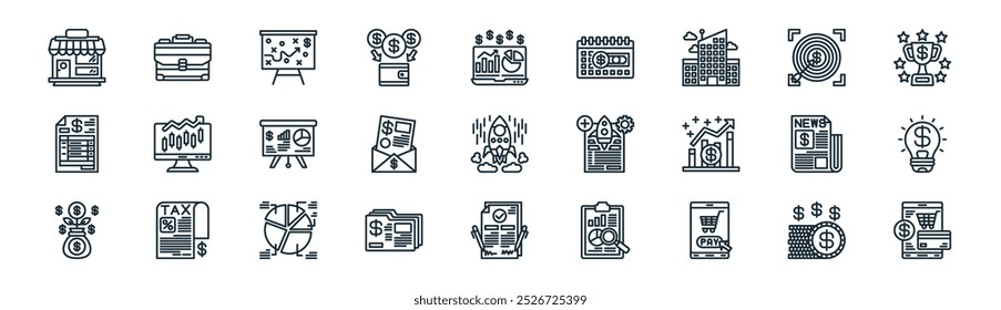 linear business icon pack. vector thin line coins, briefcase, business strategy, target, mail, idea, agreement, online business icons suitable for apps and websites ui designs