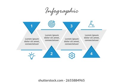 Linear Business Infographic with 4 Steps Focused on Strategy, Marketing Planning, Workflow Mapping, Timeline, and Corporate Design.