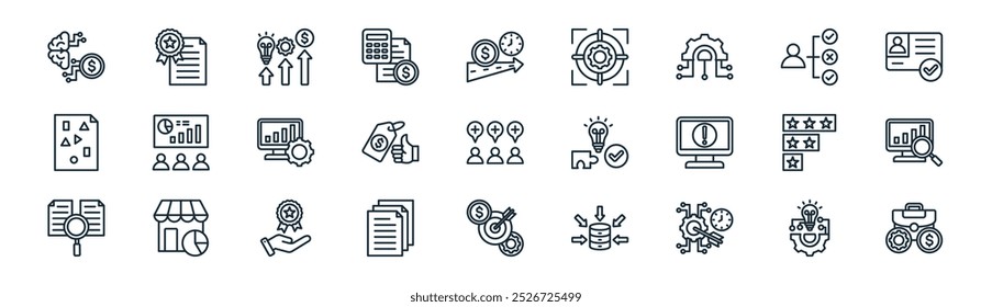 pacote de ícones de business intelligence linear. vetor thin line , padrão, melhorar, tomada de decisão, melhor preço, análise de dados, alvo, ícones de negócios adequados para aplicativos e sites