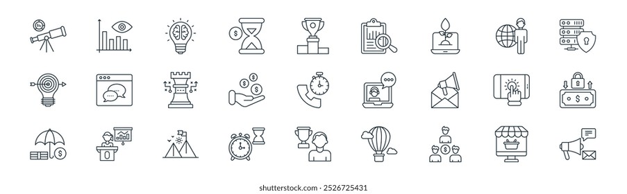 linear business management icon pack. vector thin line online shopping, data visualization, brainstorming,  , profit, transfer, motivation, promotion icons suitable for apps and websites ui designs