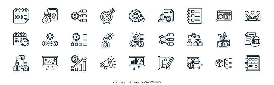 Icon Pack für lineare Geschäftsplanung. Vektor dünne Linie Produkt, Gewinn, Planung, Marktforschung, Motivation, wie, Präsentation, Zeitplan Symbole geeignet für Apps und Websites ui Designs