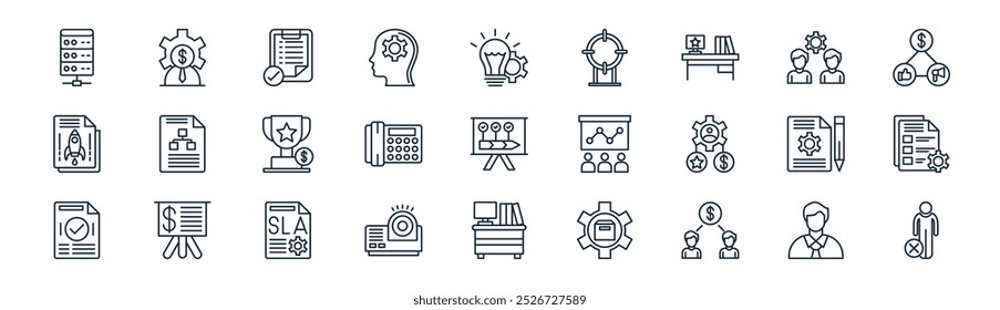 linear business planning and icon pack. vector thin line businessman, business professional, task planning, teamwork, landline, paper, workspace, failure icons suitable for apps and websites ui
