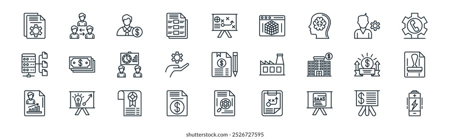 plano de negócios linear e pacote de ícones. vetor apresentação de linha fina, intermediário, investidor, usuário, mão, carimbo, análise, ícones de bateria adequados para aplicativos e sites