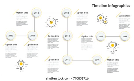 Linear business timeline workflow infographics. Corporate milestones graphic elements. Company presentation slide template with year periods. Modern vector history time line design.