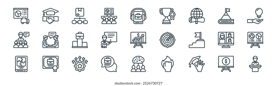 linear business training icon pack. vector thin line training, handshake, supply chain management, milestones, presentation, training, focus group, speaker icons suitable for apps and websites ui