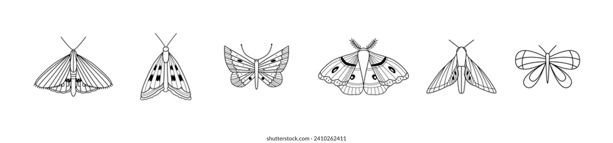 Mariposas y polillas lineales. Esbozar insectos bohemios. Doodles, íconos. Ideal para impresiones, carteles, tatuajes. Libro de colorear.