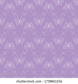 Linear butterflies seamless vector lilac pattern. Decorative delicate surface print design. For girly fabrics, stationery, wrapping paper, backgrounds, and packaging.
