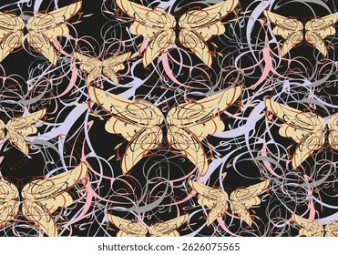 Linear butterfly backdrop for textiles or fabrics.  Chaotic tropical motifs for covers, interior solutions, tiles, fashion trends, prints, posters and invitation cards, backgrounds, textures, etc. 