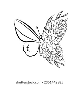 Linear butterfly wing with wild tropical flowers. Beautiful hand drawn vector illustration. T-shirt print template. Coloring antistress page.