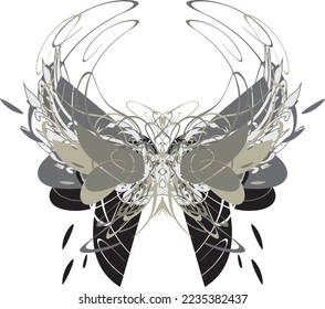 Linear butterfly wings in gray-black tonality isolated on white. Ornamental butterfly symbol for fabrics, shield emblems, textiles, interior solutions, fashion trends, tattoos, graphics on vehicles