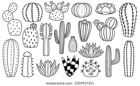 Linear Cacti Icons, Isolated Monochrome Minimalist Representations Of Cactus Plants In Sleek Line Art Style, Conveying Their Unique Forms With Simple, Clean Black And White Lines. Vector Illustration